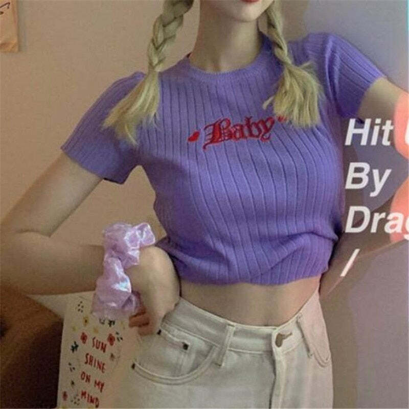 Y2K Baby Embroidery Crop Top - 90s Grunge, Retro Summer, Pastel Goth, Y2K Party Outfit