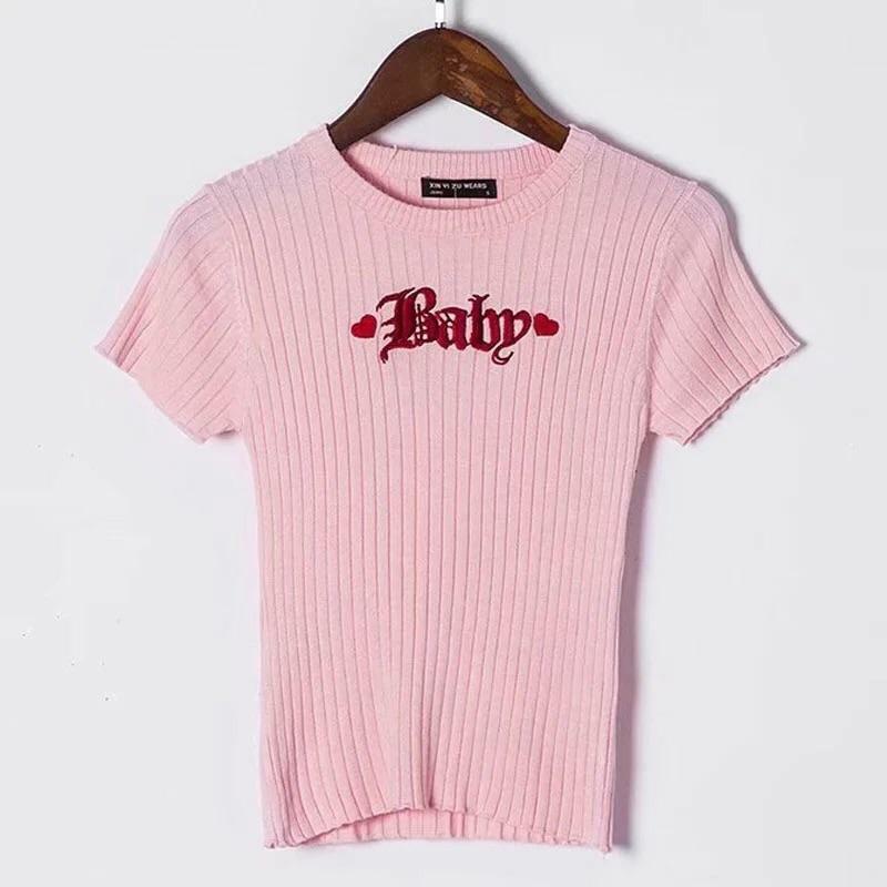 Y2K Baby Knitted Tee - Retro 90s Grunge, Summer Outfits, Pastel Goth, Hip Hop Fashion