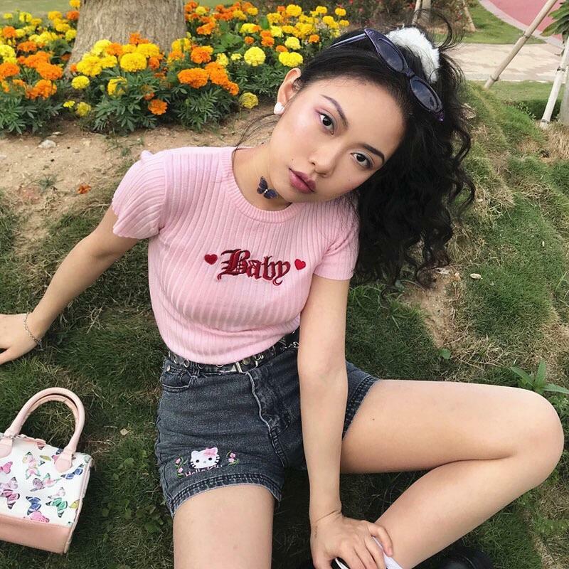 Y2K Baby Knitted Tee - Retro 90s Grunge, Summer Outfits, Pastel Goth, Hip Hop Fashion