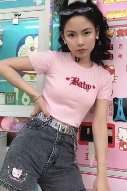 Y2K Baby Knitted Tee - Retro 90s Grunge, Summer Outfits, Pastel Goth, Hip Hop Fashion