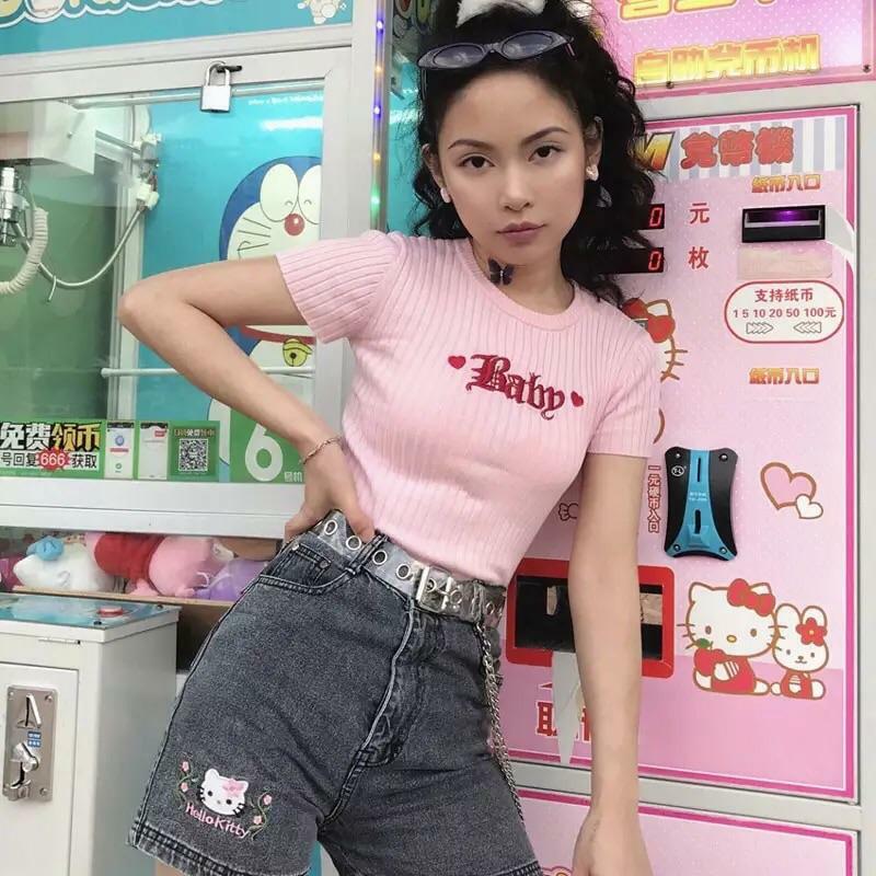 Y2K Baby Knitted Tee - Retro 90s Grunge, Summer Outfits, Pastel Goth, Hip Hop Fashion