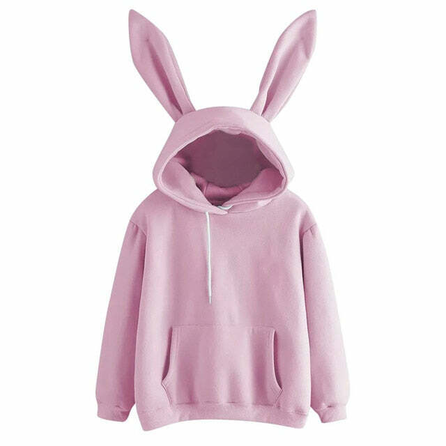 Y2K Baby Pink Bunny Ears Hoodie - Retro 90s Grunge, Pastel Goth, Summer Y2K Outfits