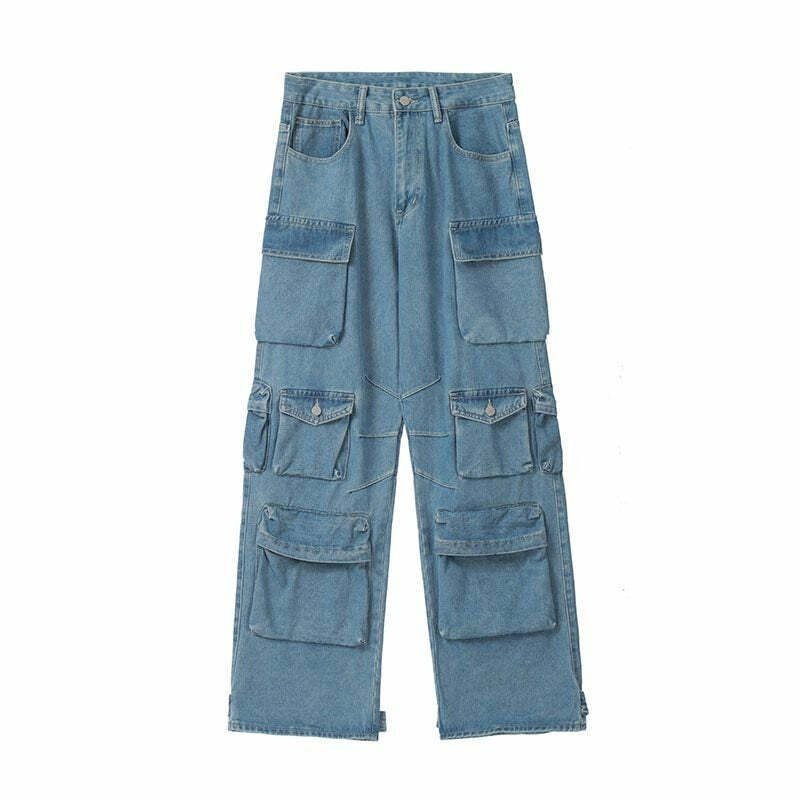 Y2K Baggy Blue Washed Cargo Pants - Retro 90s Grunge Summer Outfit, Y2K Fashion Essentials