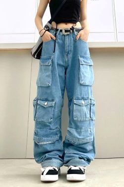Y2K Baggy Blue Washed Cargo Pants - Retro 90s Grunge Summer Outfit, Y2K Fashion Essentials
