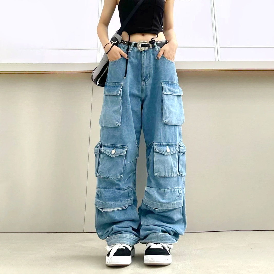 Y2K Baggy Blue Washed Cargo Pants - Retro 90s Grunge Summer Outfit, Y2K Fashion Essentials