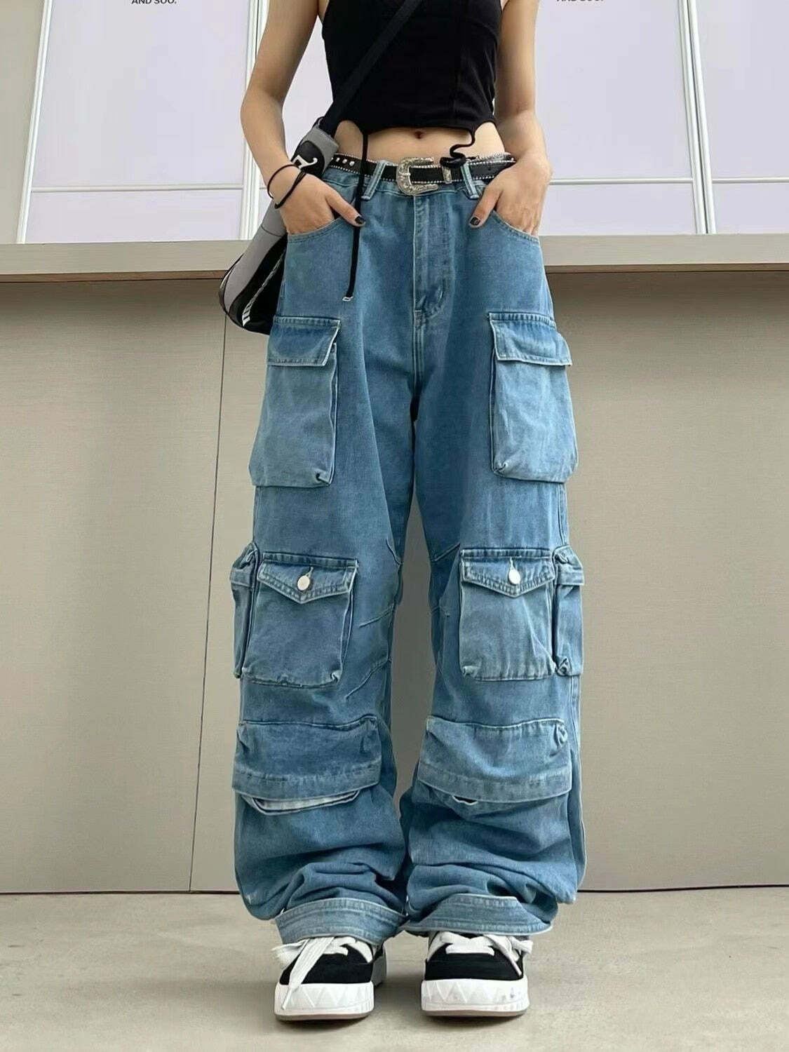 Y2K Baggy Blue Washed Cargo Pants - Retro 90s Grunge Summer Outfit, Y2K Fashion Essentials