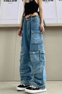 Y2K Baggy Blue Washed Cargo Pants - Retro 90s Grunge Summer Outfit, Y2K Fashion Essentials