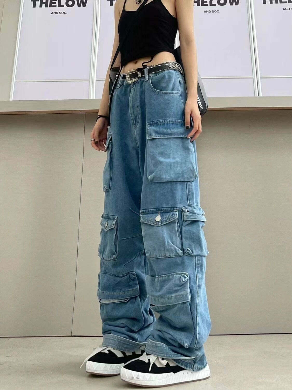 Y2K Baggy Blue Washed Cargo Pants - Retro 90s Grunge Summer Outfit, Y2K Fashion Essentials