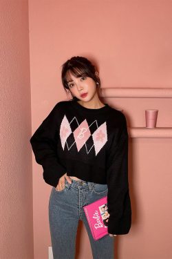 Y2K Barbie Flower Rebecca Cropped Knit Sweater - 90s Grunge, Retro, Pastel Goth Fashion