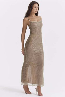 Y2K Beaded Maxi Dress with Back Slit - Perfect for 90s Grunge, Retro, and Summer Party Outfits