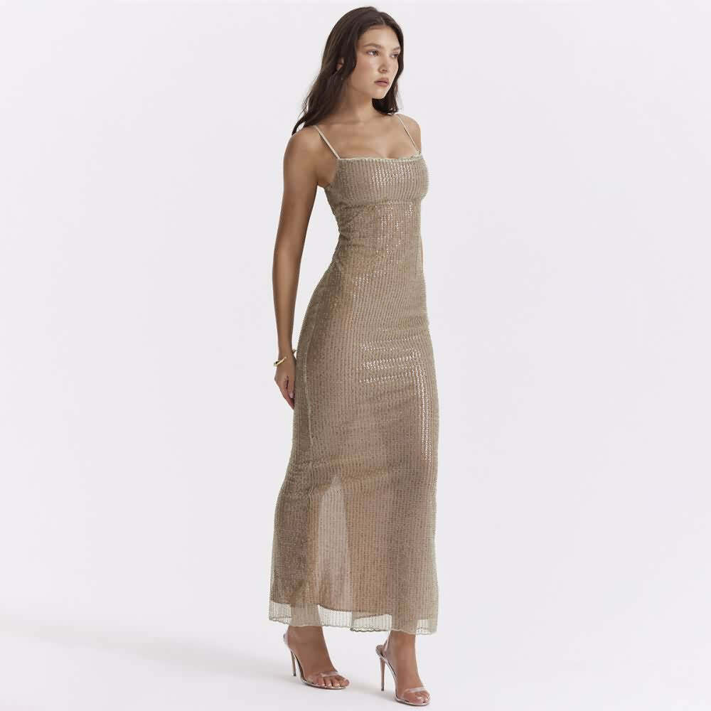 Y2K Beaded Maxi Dress with Back Slit - Perfect for 90s Grunge, Retro, and Summer Party Outfits