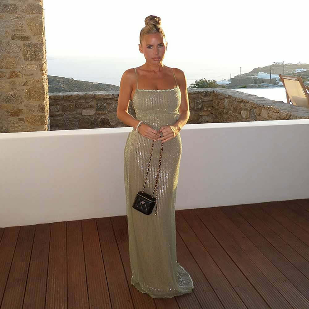 Y2K Beaded Maxi Dress with Back Slit - Perfect for 90s Grunge, Retro, and Summer Party Outfits
