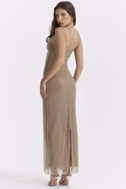 Y2K Beaded Maxi Dress with Back Slit - Perfect for 90s Grunge, Retro, and Summer Party Outfits