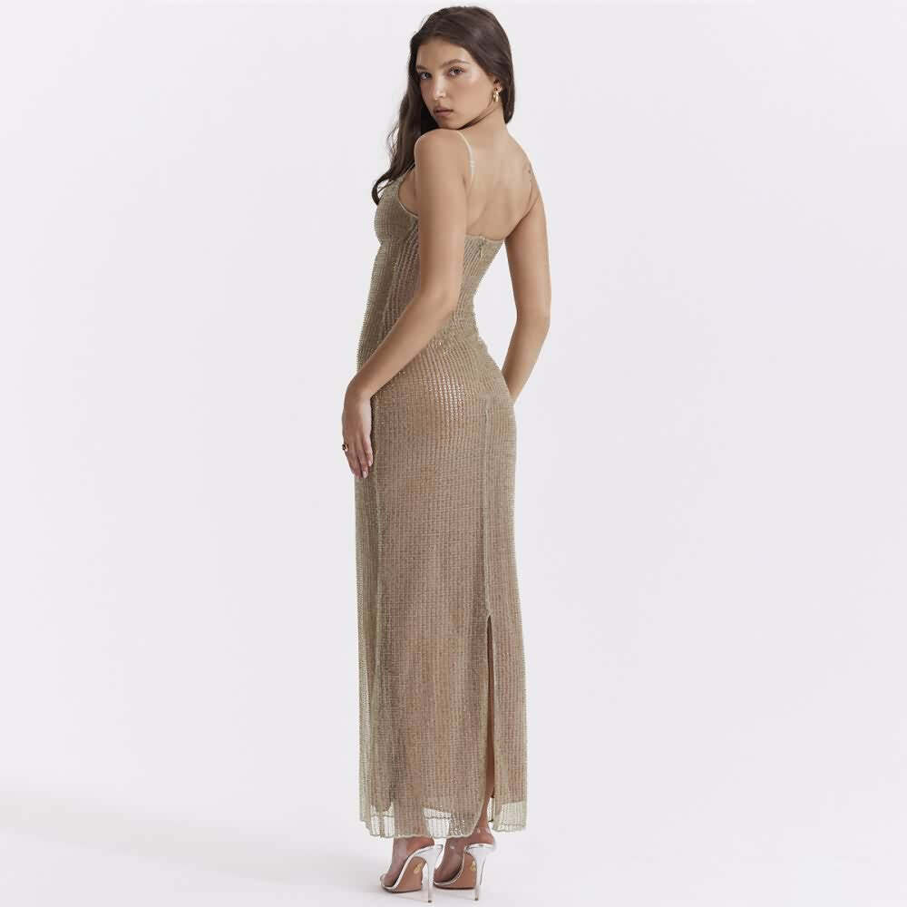 Y2K Beaded Maxi Dress with Back Slit - Perfect for 90s Grunge, Retro, and Summer Party Outfits