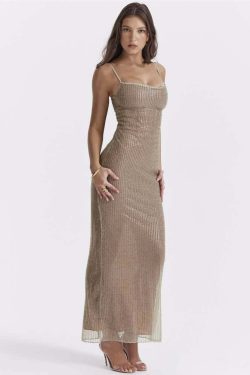 Y2K Beaded Maxi Dress with Back Slit - Perfect for 90s Grunge, Retro, and Summer Party Outfits