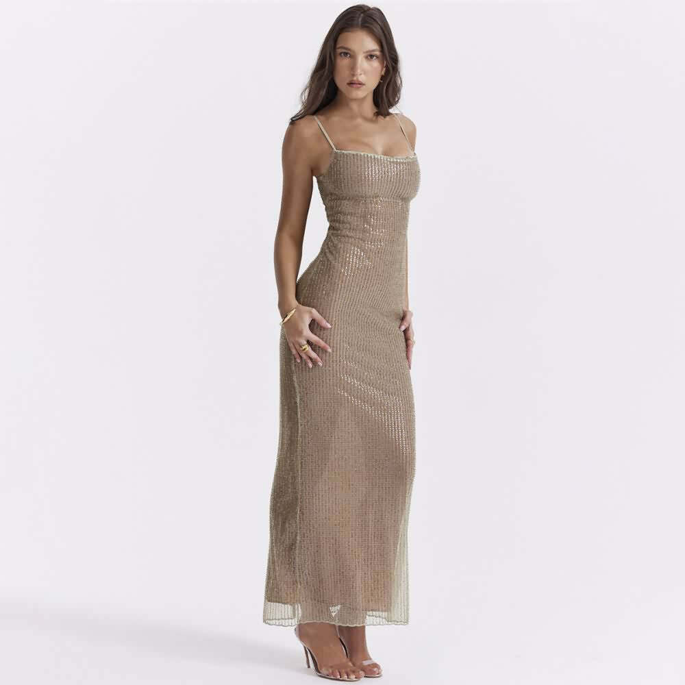 Y2K Beaded Maxi Dress with Back Slit - Perfect for 90s Grunge, Retro, and Summer Party Outfits