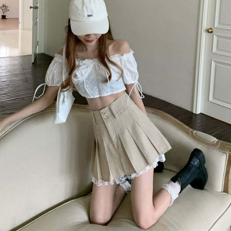 Y2K Beige Pleated Skirt with Lace Trim - Retro 90s Grunge, Summer, and Party Outfits