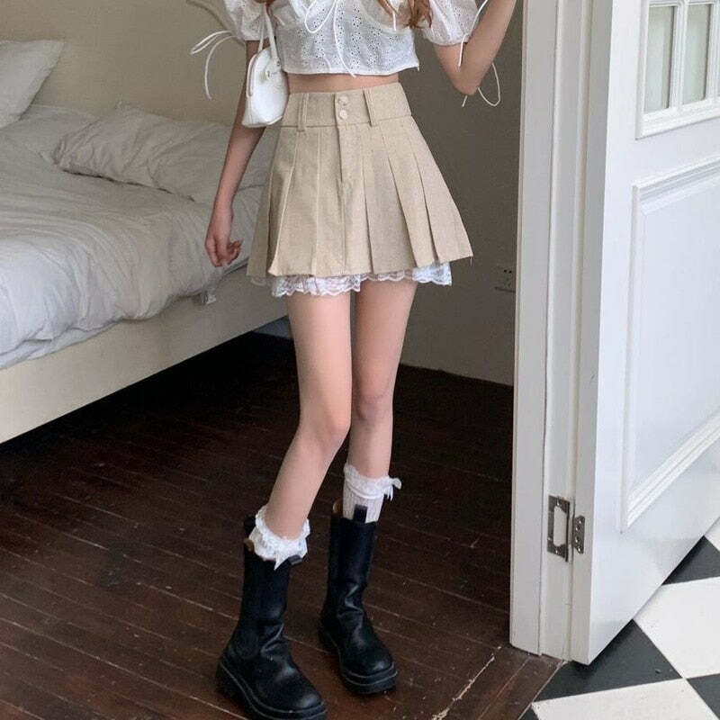 Y2K Beige Pleated Skirt with Lace Trim - Retro 90s Grunge, Summer, and Party Outfits