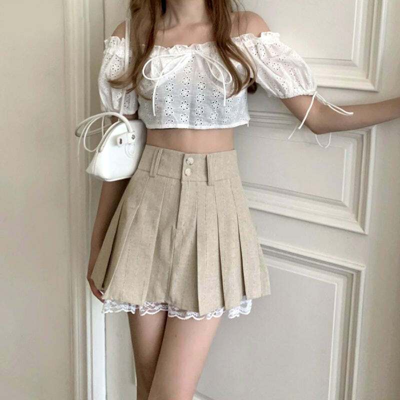 Y2K Beige Pleated Skirt with Lace Trim - Retro 90s Grunge, Summer, and Party Outfits