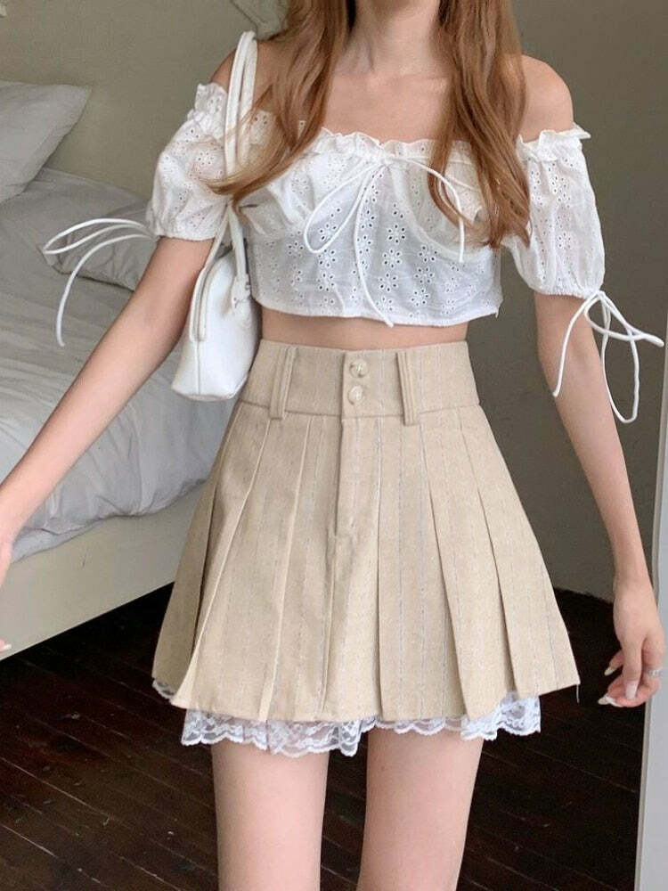 Y2K Beige Pleated Skirt with Lace Trim - Retro 90s Grunge, Summer, and Party Outfits