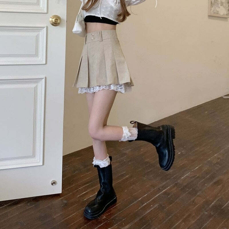 Y2K Beige Pleated Skirt with Lace Trim - Retro 90s Grunge, Summer, and Party Outfits