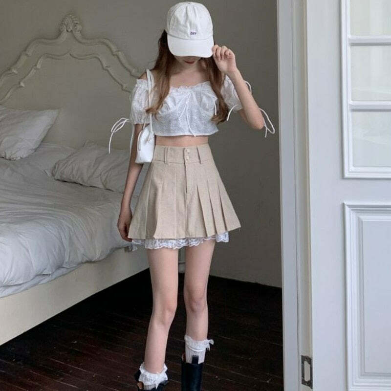 Y2K Beige Pleated Skirt with Lace Trim - Retro 90s Grunge, Summer, and Party Outfits