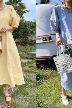 Y2K Bishop-Sleeve Flared Long Dress - Retro 90s Grunge, Summer Party, and Club Outfits