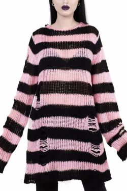 Y2K Black and Pink Striped Gothic Distressed Knit Sweater - 90s Grunge Retro Fashion