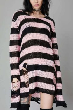 Y2K Black and Pink Striped Gothic Distressed Knit Sweater - 90s Grunge Retro Fashion