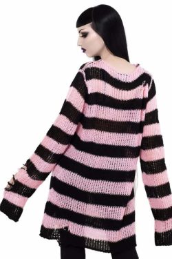 Y2K Black and Pink Striped Gothic Distressed Knit Sweater - 90s Grunge Retro Fashion