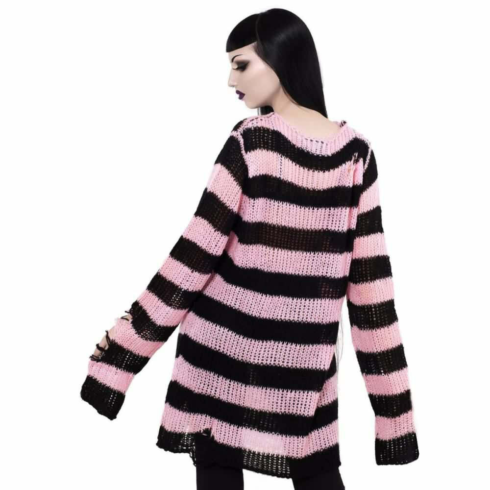 Y2K Black and Pink Striped Gothic Distressed Knit Sweater - 90s Grunge Retro Fashion