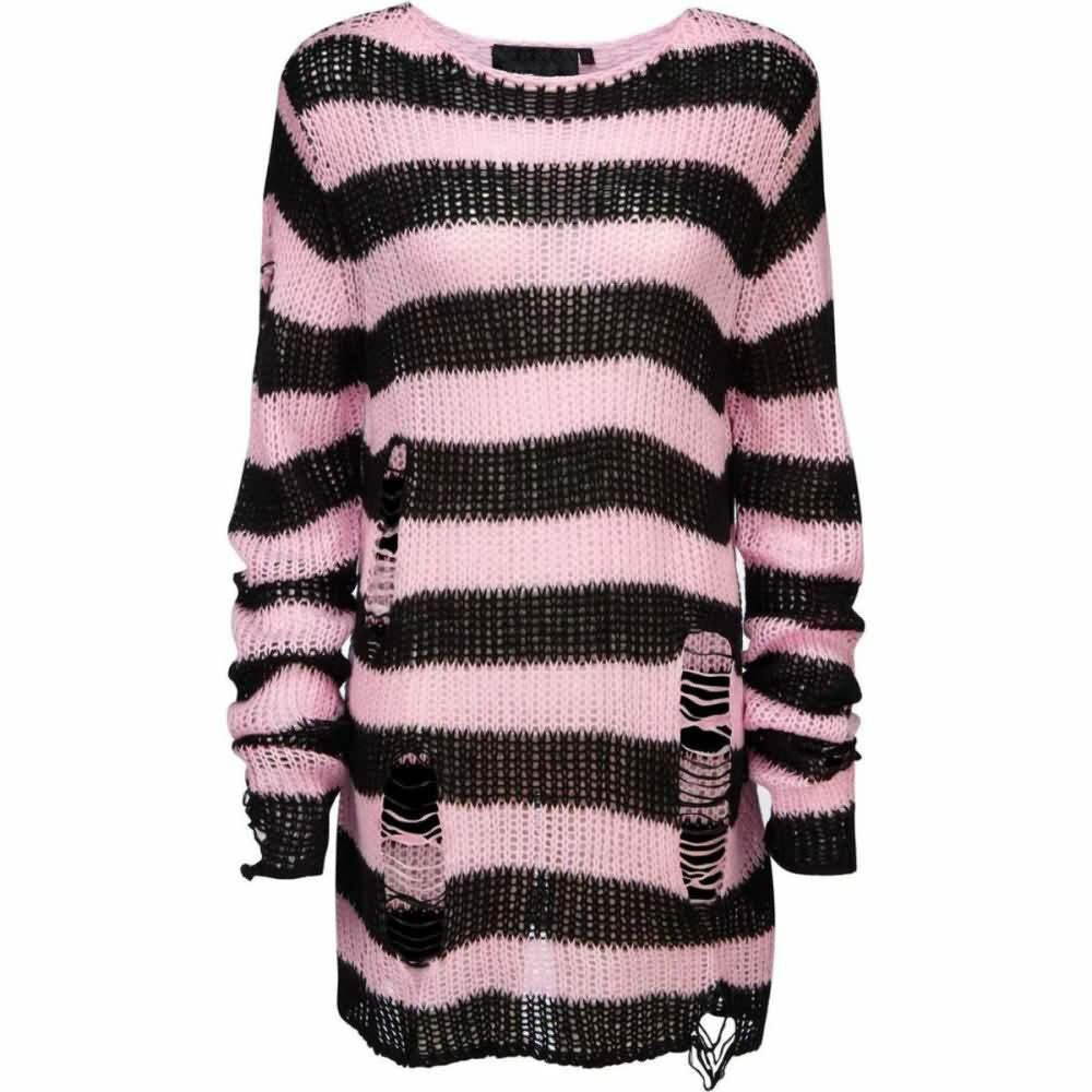 Y2K Black and Pink Striped Gothic Distressed Knit Sweater - 90s Grunge Retro Fashion