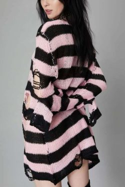 Y2K Black and Pink Striped Gothic Distressed Knit Sweater - 90s Grunge Retro Fashion