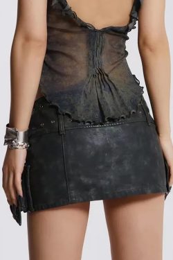Y2K Black Belted Mini Skirt - 90s Grunge, Retro Summer, Gothic Y2K, Party & Club Outfits