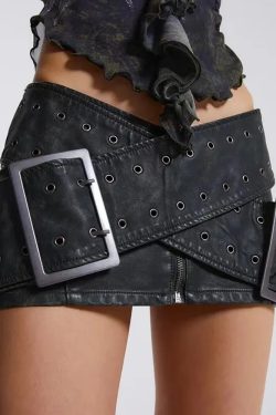 Y2K Black Belted Mini Skirt - 90s Grunge, Retro Summer, Gothic Y2K, Party & Club Outfits