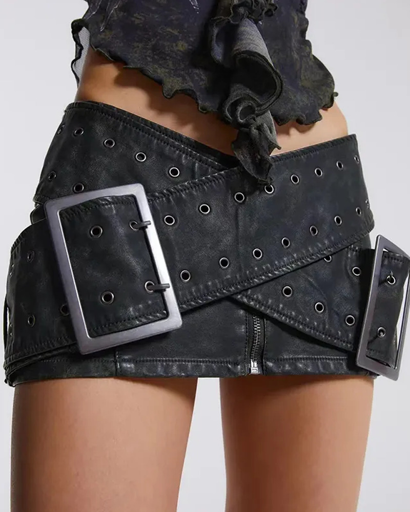 Y2K Black Belted Mini Skirt - 90s Grunge, Retro Summer, Gothic Y2K, Party & Club Outfits