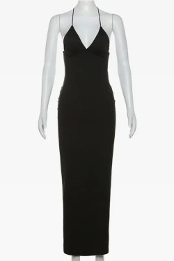 Y2K Black Bodycon Maxi Dress - 90s Grunge, Retro Summer Outfit, Y2K Party & Club Fashion