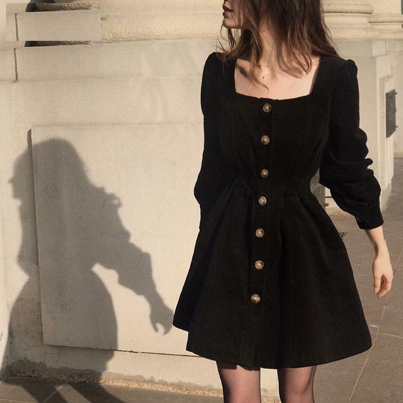 Y2K Black Button Mini Dress - 90s Grunge, Retro Summer Outfit, Y2K Party & Club Fashion