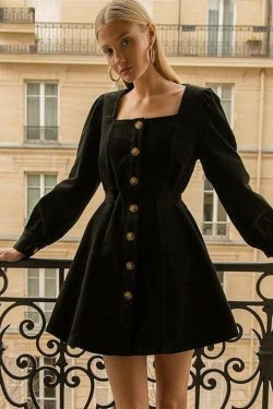 Y2K Black Button Mini Dress - 90s Grunge, Retro Summer Outfit, Y2K Party & Club Fashion