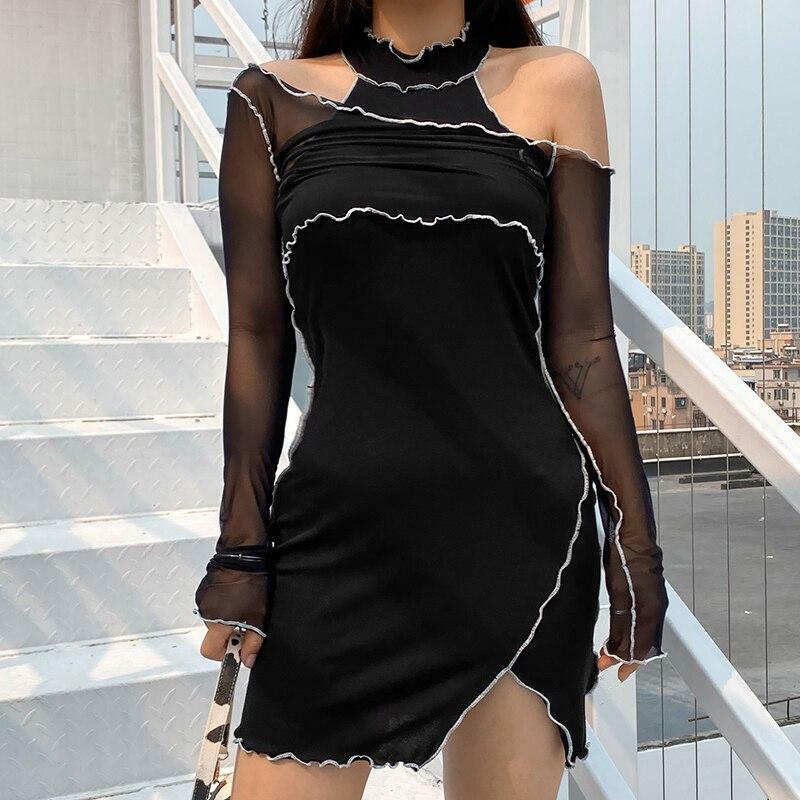 Y2K Black Frill Mini Dress - 90s Grunge, Retro Summer Outfit, Gothic Y2K Party Fashion