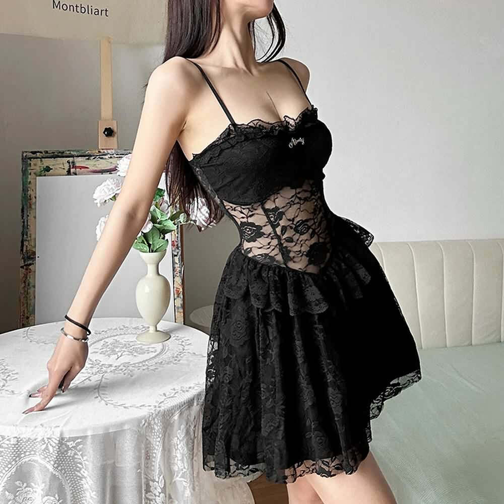 Y2K Black Goth Coquette Lace Dress - Retro 90s Grunge Summer Outfit for Parties and Clubbing