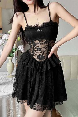 Y2K Black Goth Coquette Lace Dress - Retro 90s Grunge Summer Outfit for Parties and Clubbing