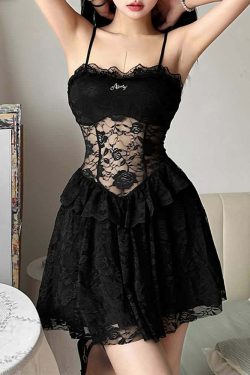 Y2K Black Goth Coquette Lace Dress - Retro 90s Grunge Summer Outfit for Parties and Clubbing