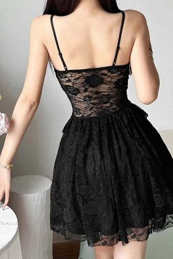 Y2K Black Goth Coquette Lace Dress - Retro 90s Grunge Summer Outfit for Parties and Clubbing