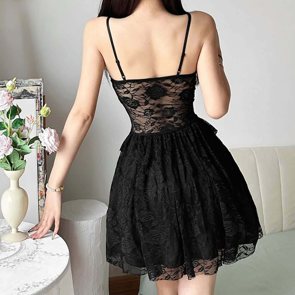 Y2K Black Goth Coquette Lace Dress - Retro 90s Grunge Summer Outfit for Parties and Clubbing