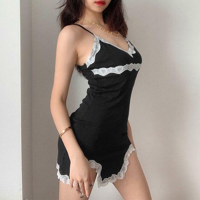 Y2K Black Lace Mini Bodycon Dress - 90s Grunge, Retro Summer, Party & Club Outfit