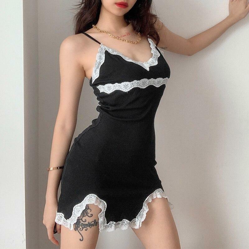 Y2K Black Lace Mini Bodycon Dress - 90s Grunge, Retro Summer, Party & Club Outfit