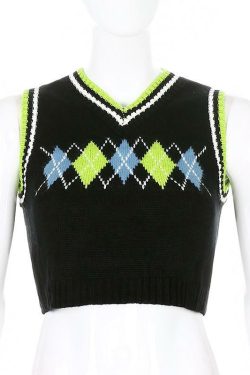 Y2K Black Plaid Argyle Vest - Retro 90s Grunge, Summer Y2K Outfits, Pastel Goth Fashion