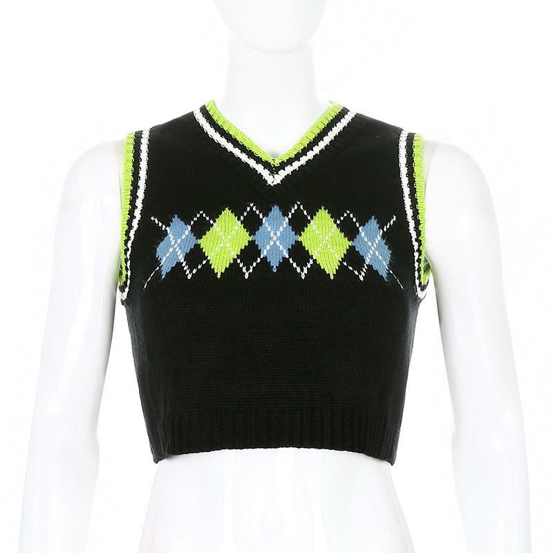 Y2K Black Plaid Argyle Vest - Retro 90s Grunge, Summer Y2K Outfits, Pastel Goth Fashion
