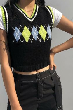 Y2K Black Plaid Argyle Vest - Retro 90s Grunge, Summer Y2K Outfits, Pastel Goth Fashion